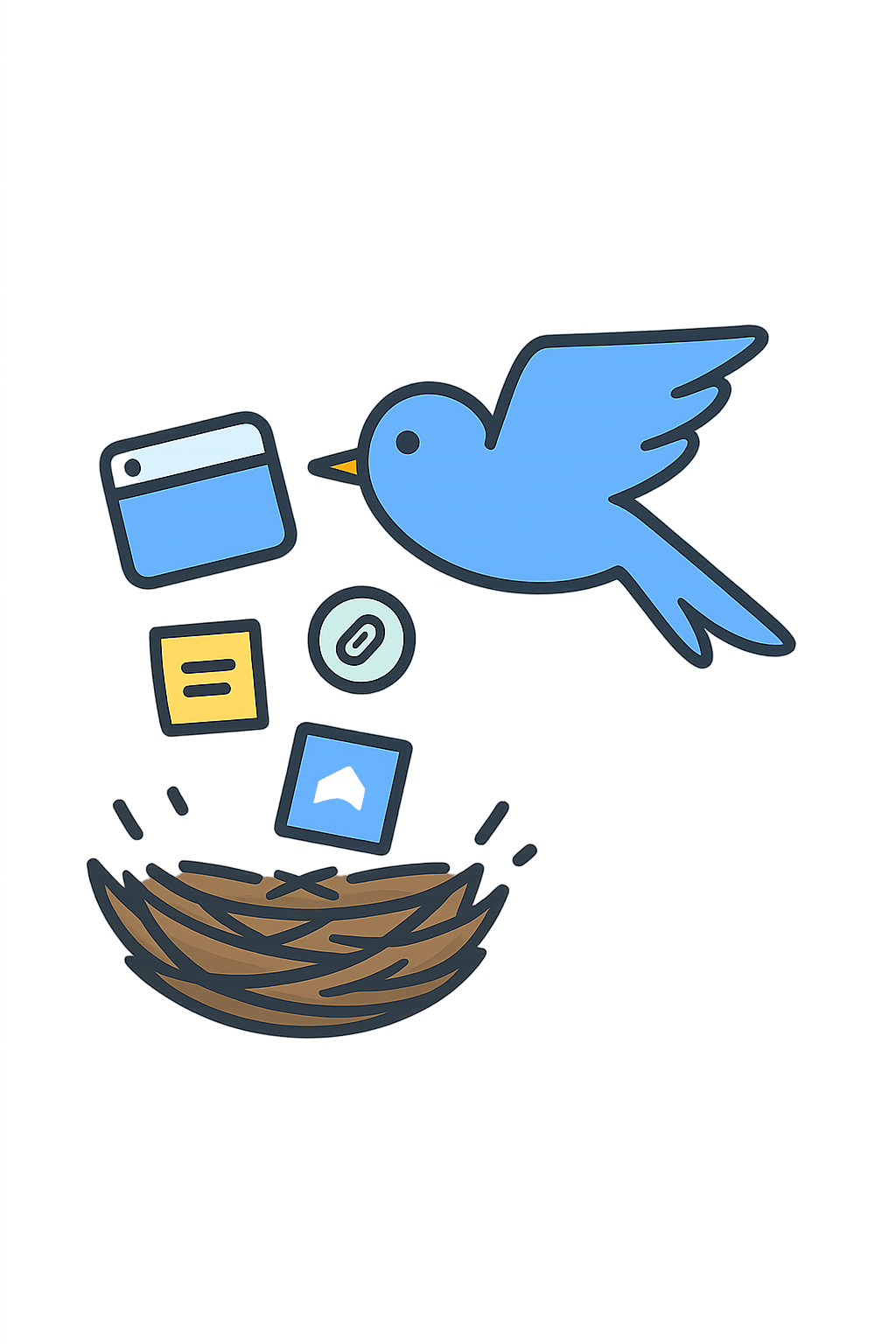 A basket collecting floating tabs, post-its, and notes